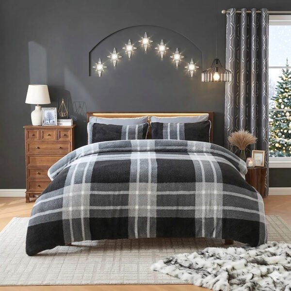 Teddy Fleece Check Duvet Cover Set Charcoal Grey