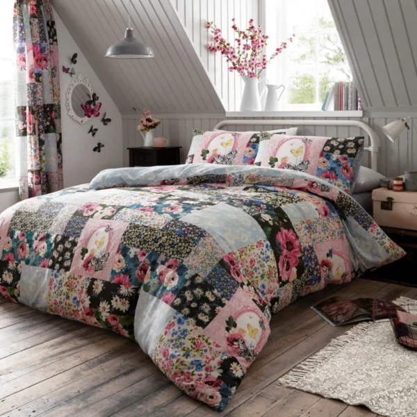Vintage Floral Patchwork Duvet Set - Pink