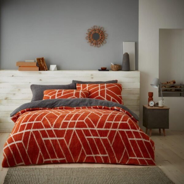 Teddy Fleece Geometric Duvet Cover Set Rust