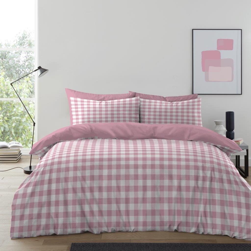 Luxury Gingham Check Duvet Cover Set - Blush Pink