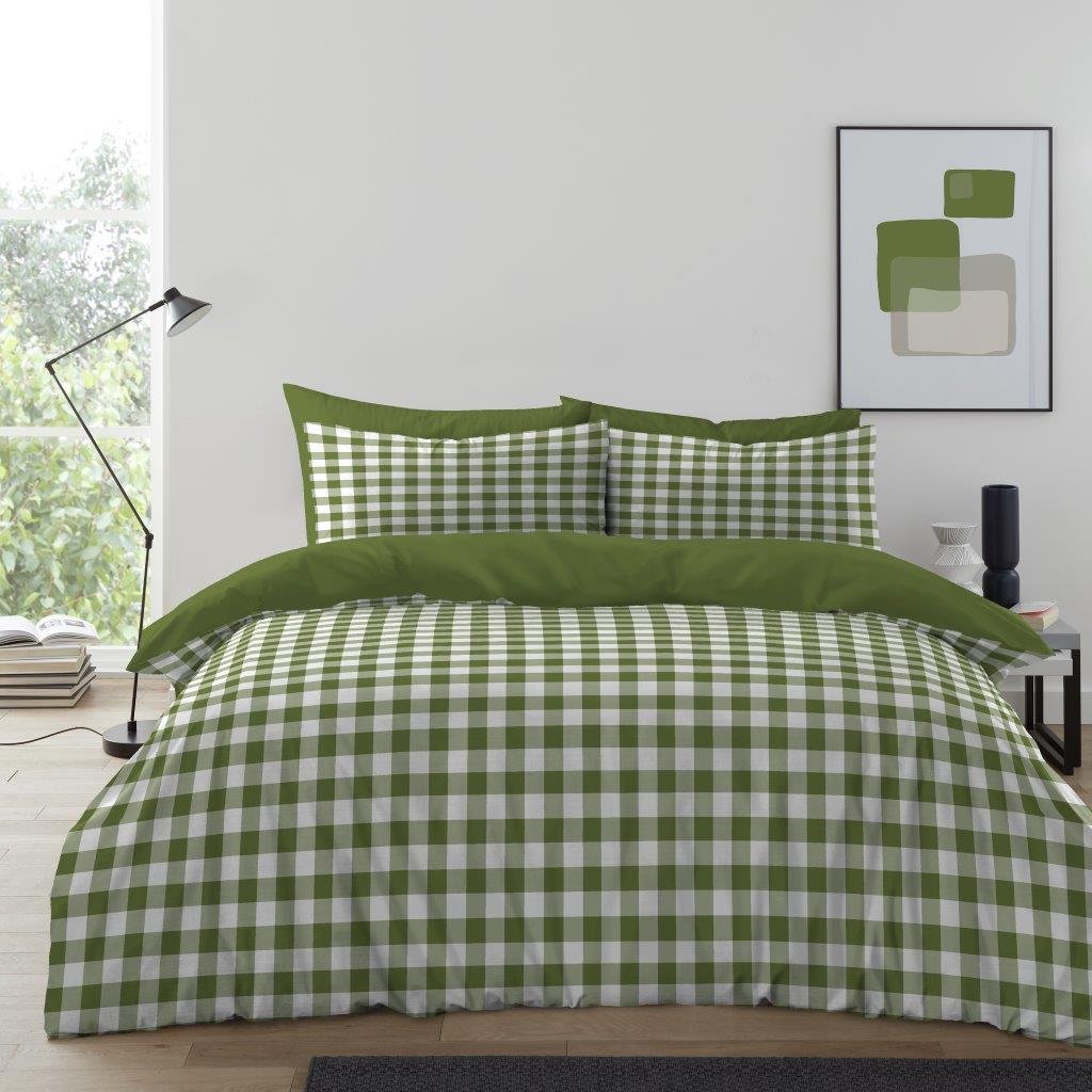 Luxury Gingham Check Duvet Cover Set - Green