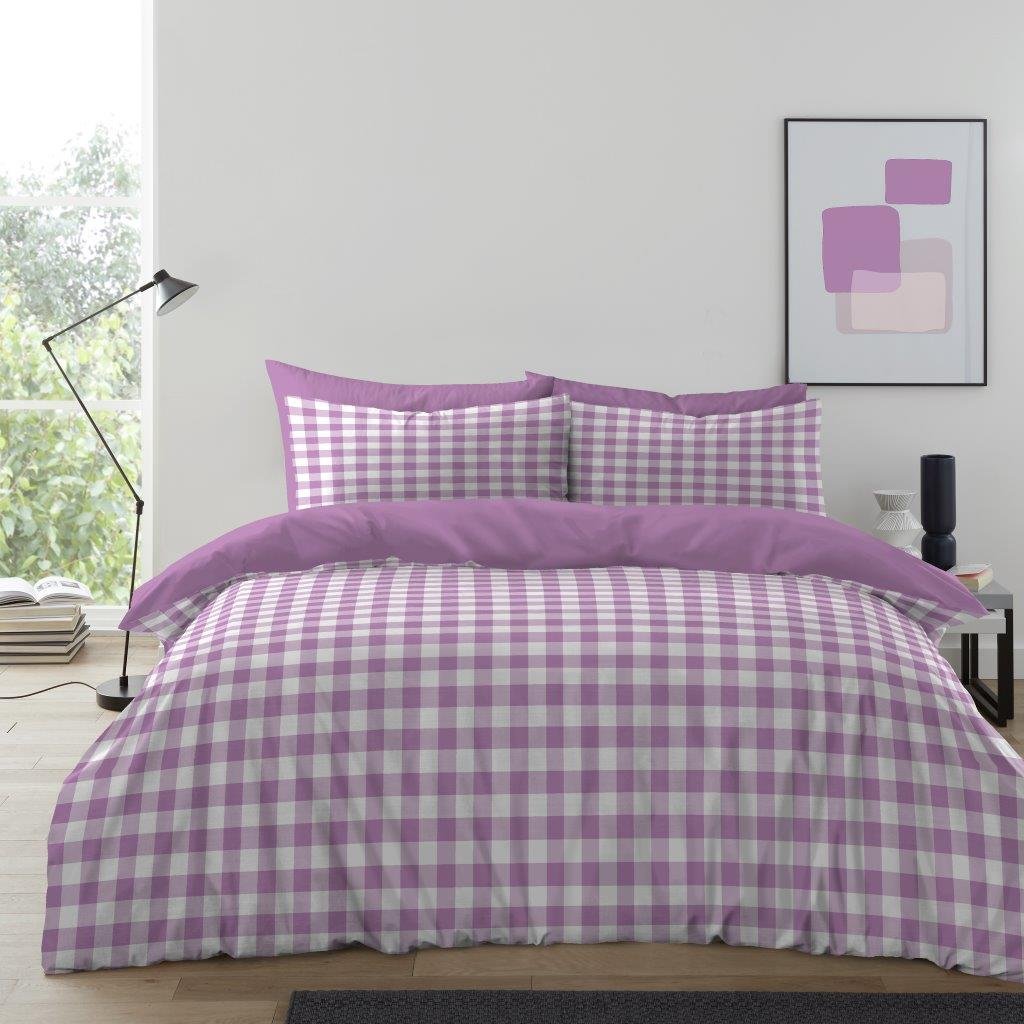 Luxury Gingham Check Duvet Cover Set - Lilac