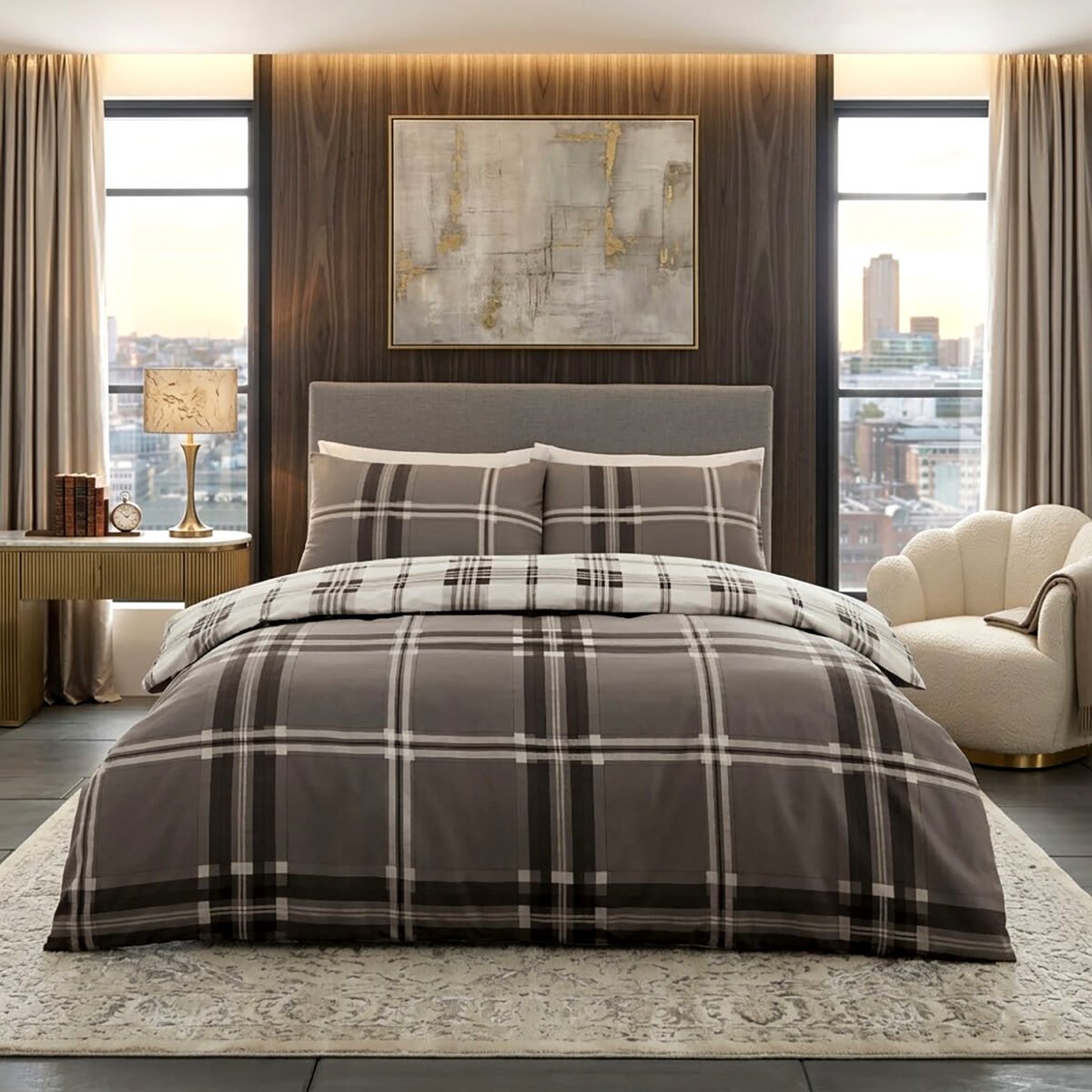 Luxury Check Geometric Duvet Cover Set - Grey