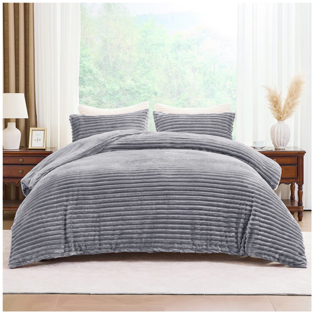 Fleece Bedding Ribbed Duvet Cover Set - Grey