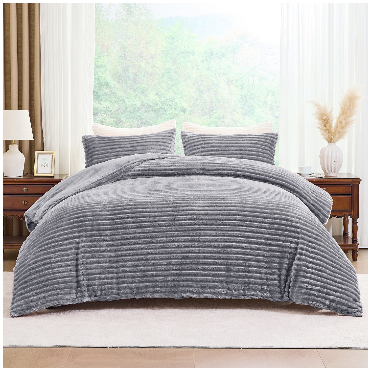 Grey (2) a Fleece Bedding Ribbed Duvet Cover Set - Grey