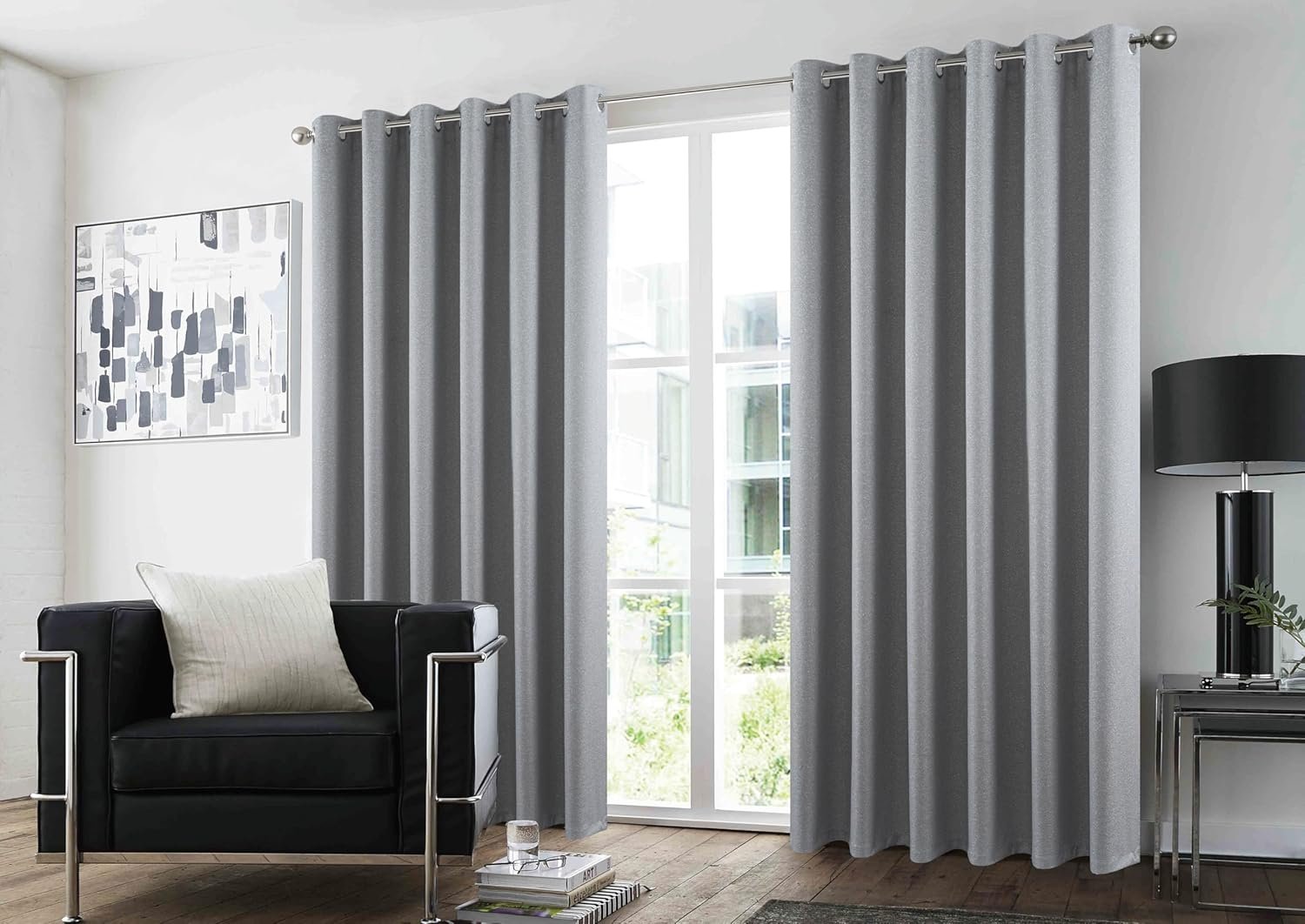 Grey Pair of Glitter Curtains for Bedroom - Grey