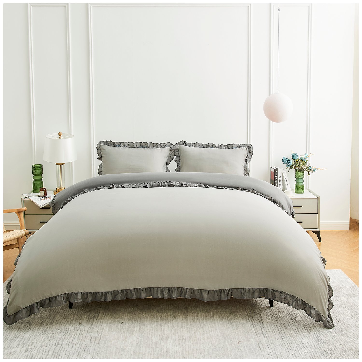 Grey-Charcoal (2) Frill Edge Duvet Cover Set - Grey/Charcoal