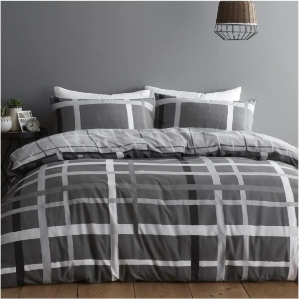 Luxury Striped Check Duvet Cover Set – Grey