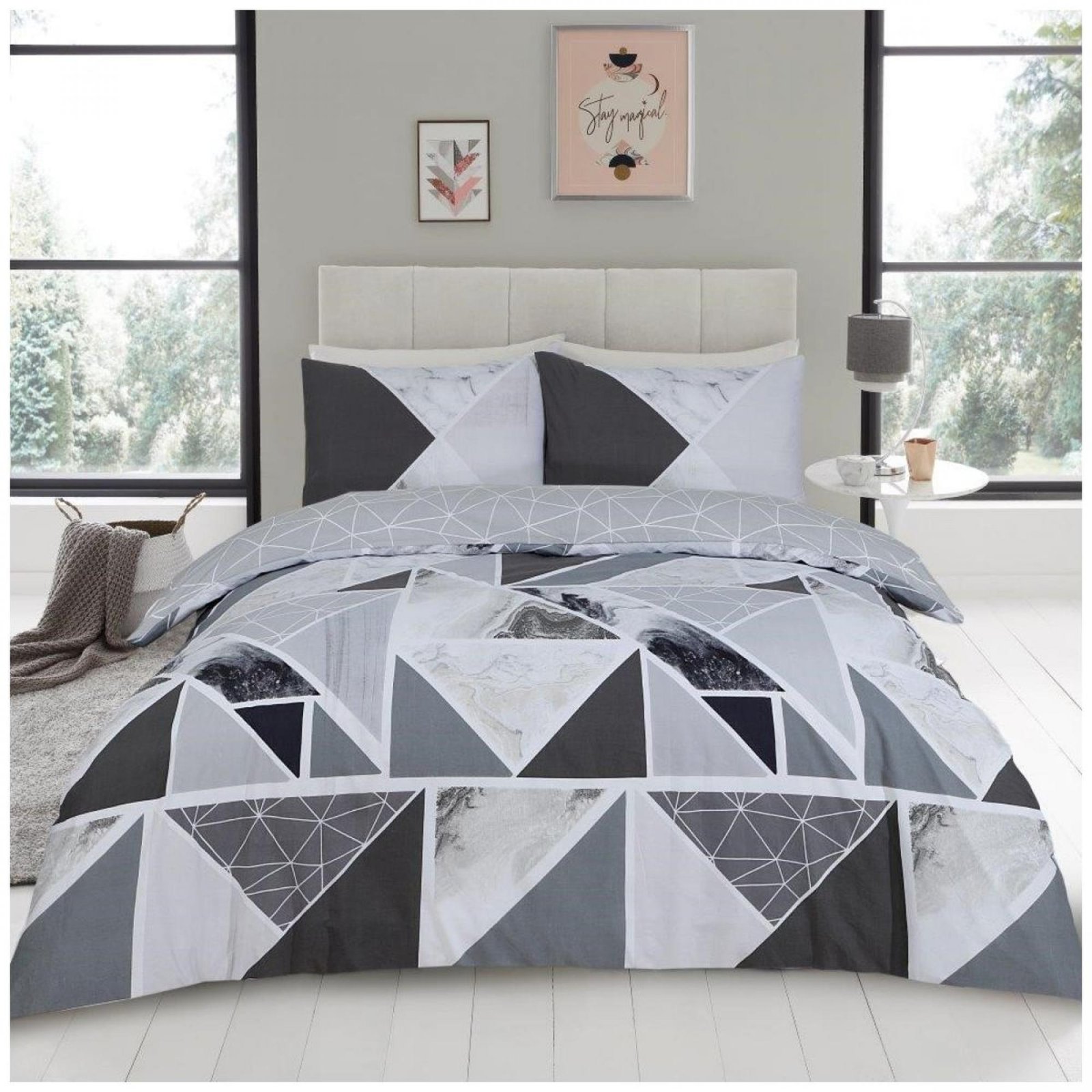MILA CHARCOAL GREY Geometric Striped Duvet Cover Set Charcoal/Grey