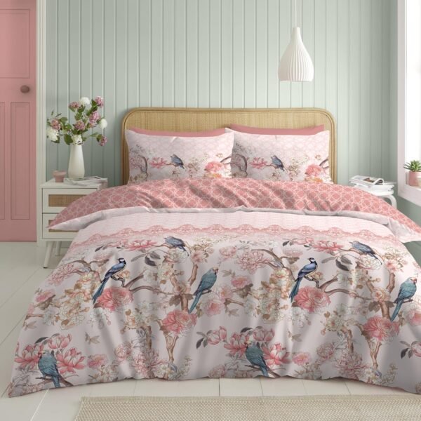 Floral Birds Duvet Cover Set Pink