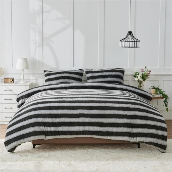 Teddy Fleece Striped Duvet Cover Set Grey/Charcoal