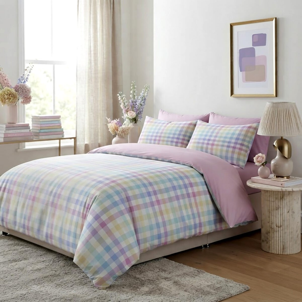 Luxury Gingham Check Duvet Cover Set - Pastel