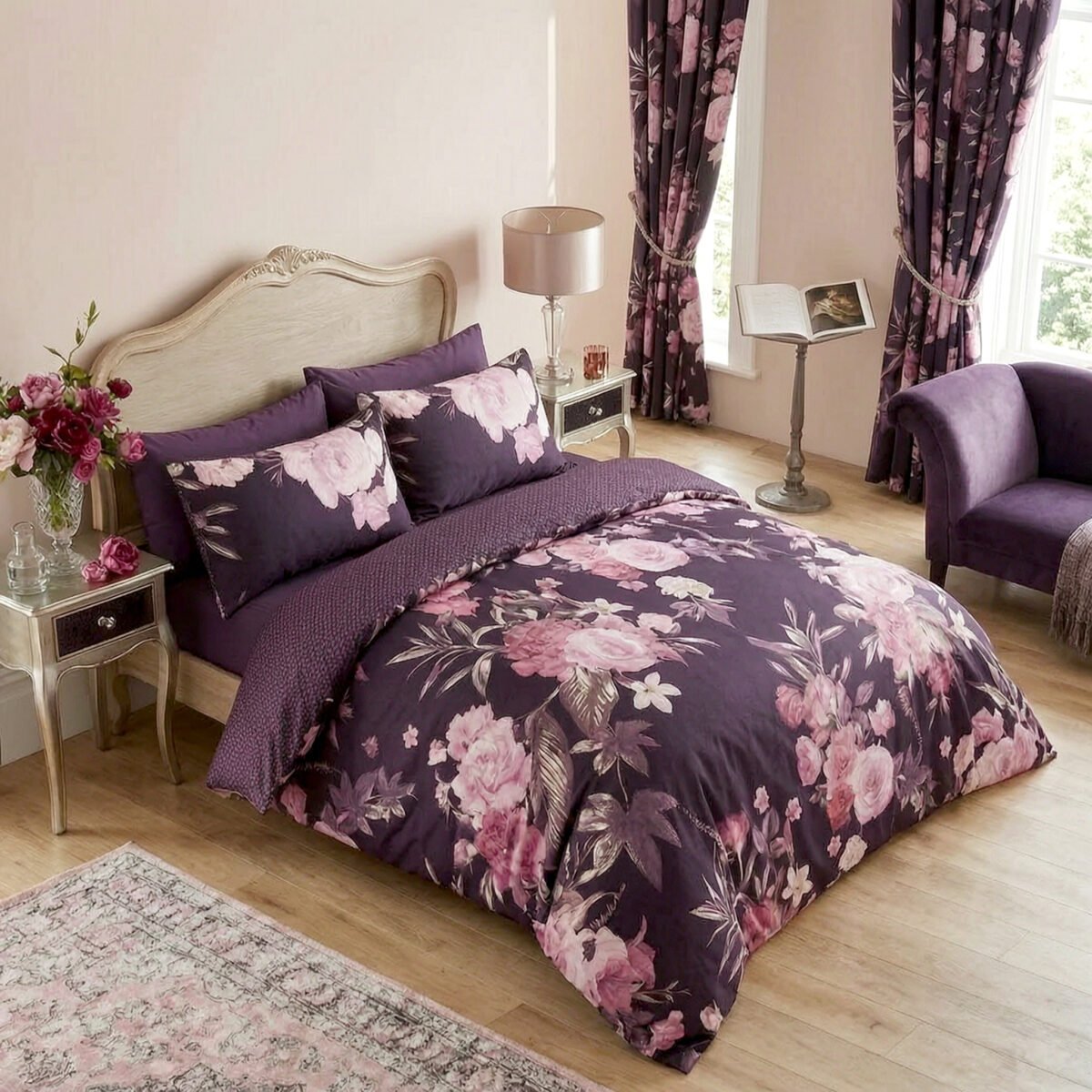 Luxury Floral Duvet Cover Set Purple