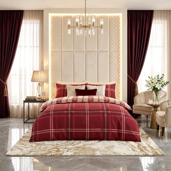 Luxury Check Geometric Duvet Cover Set - Red