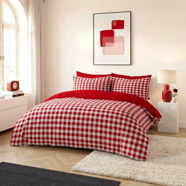 Luxury Gingham Check Duvet Cover Set - Red