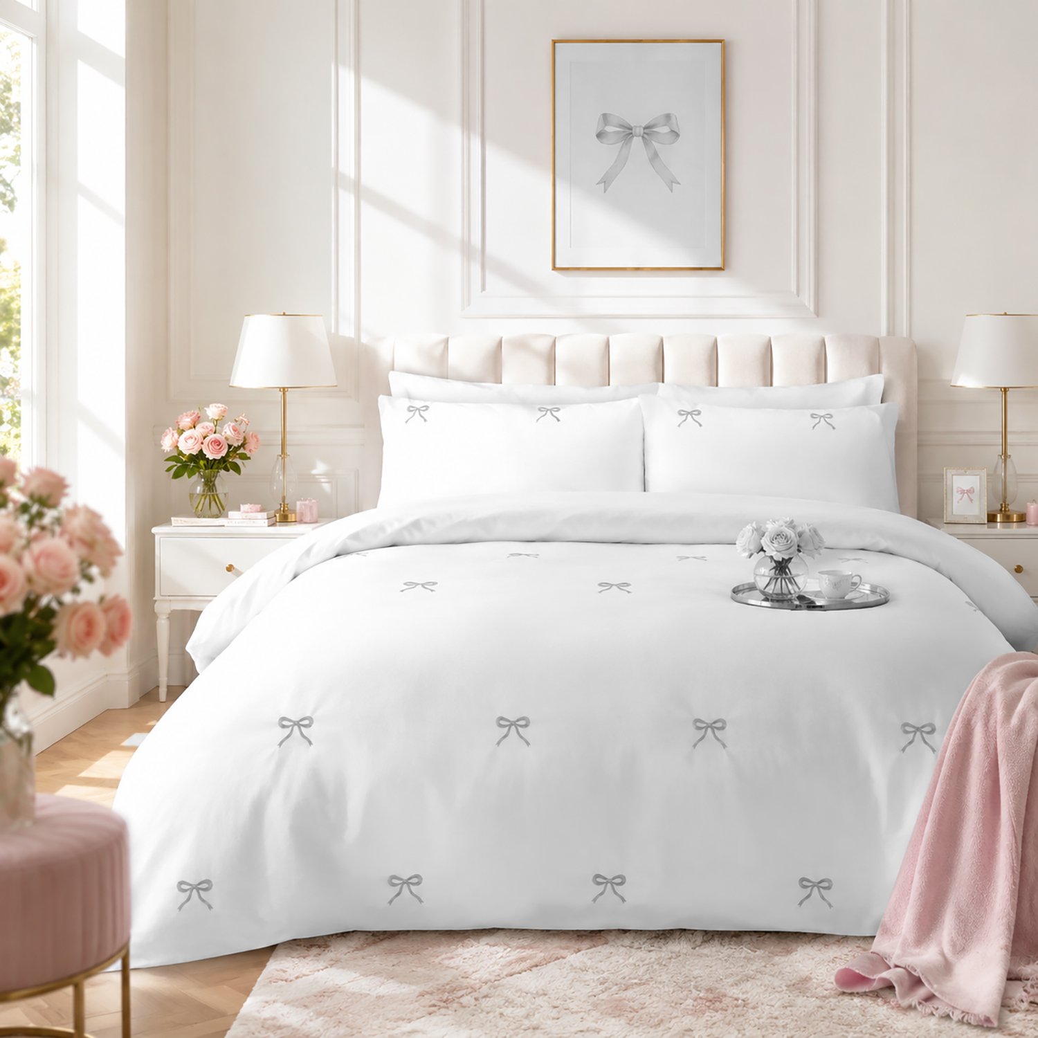 Silver 1 Fancy Embroidered Duvet Cover Set Bows - Pink