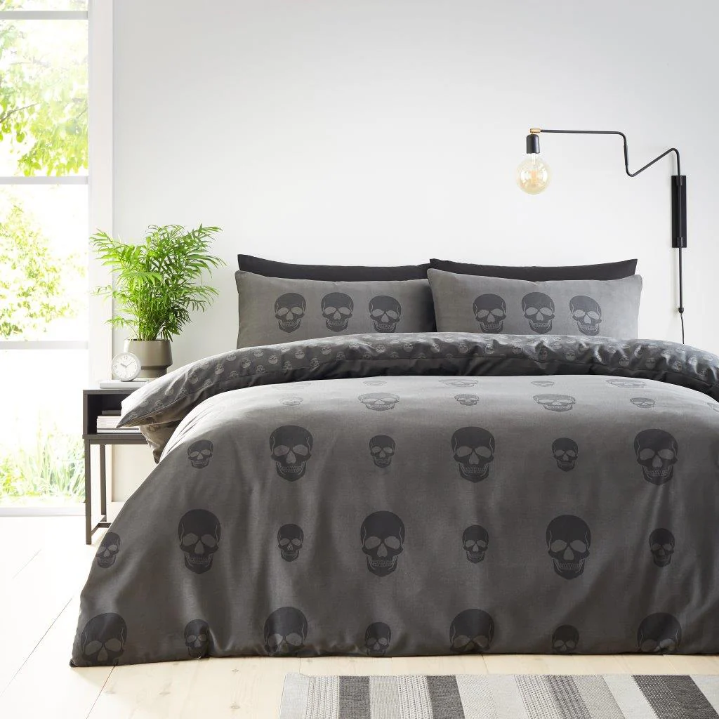 Skull_Main Skull Reversible Duvet Cover Set - Charcoal