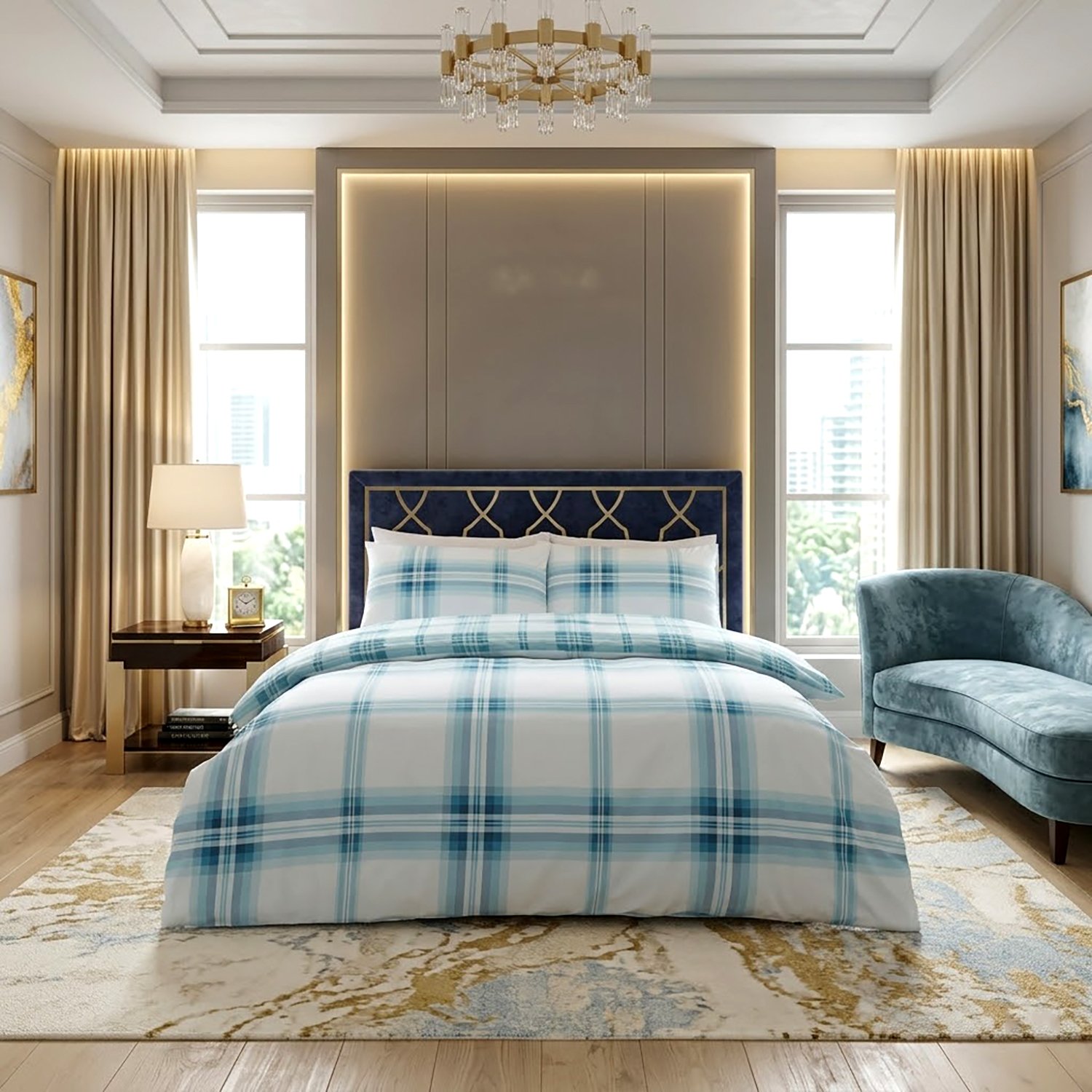Teal 1 Luxury Check Geometric Duvet Cover Set - Teal