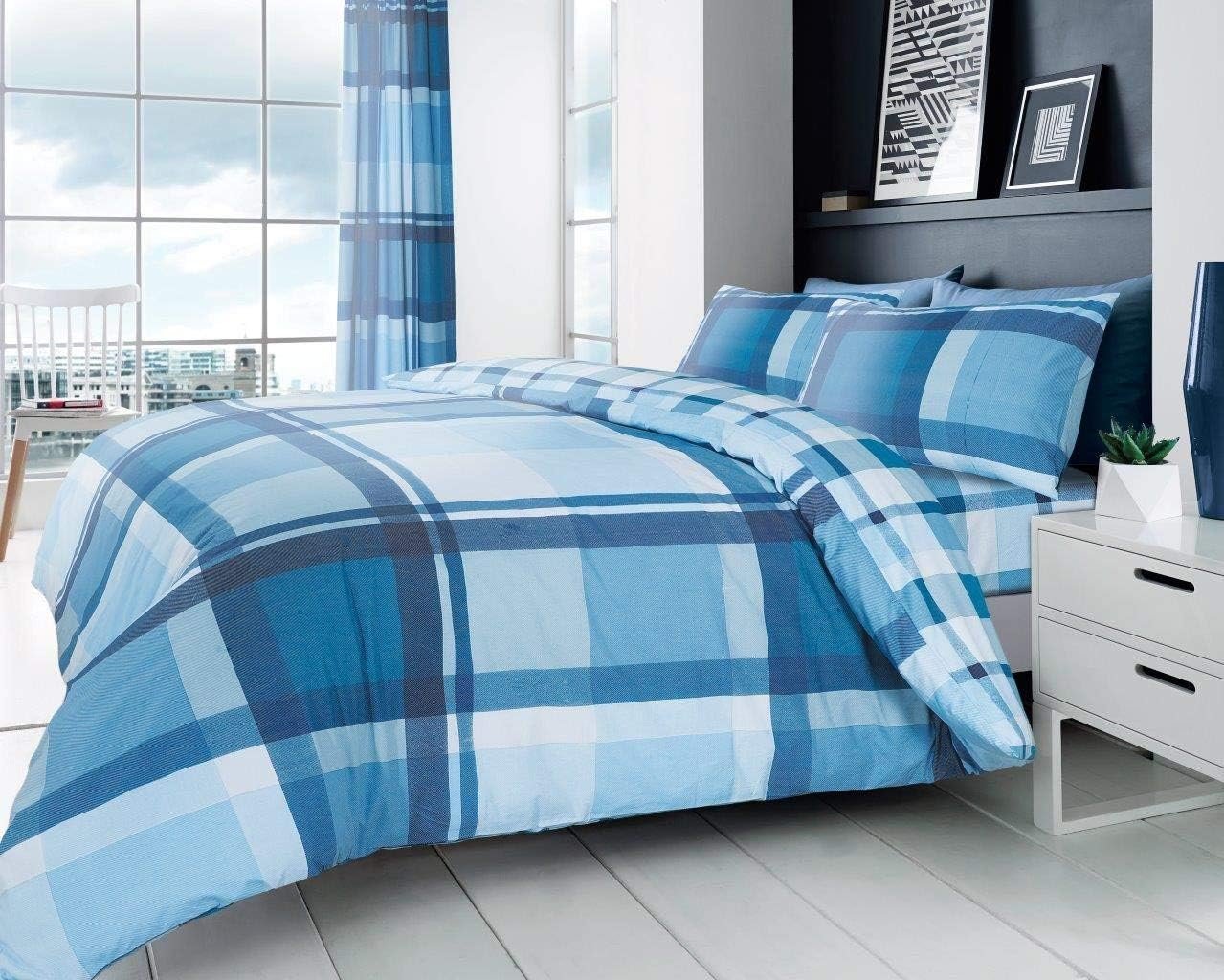 blue Luxury Checkered Duvet Cover Set – Blue