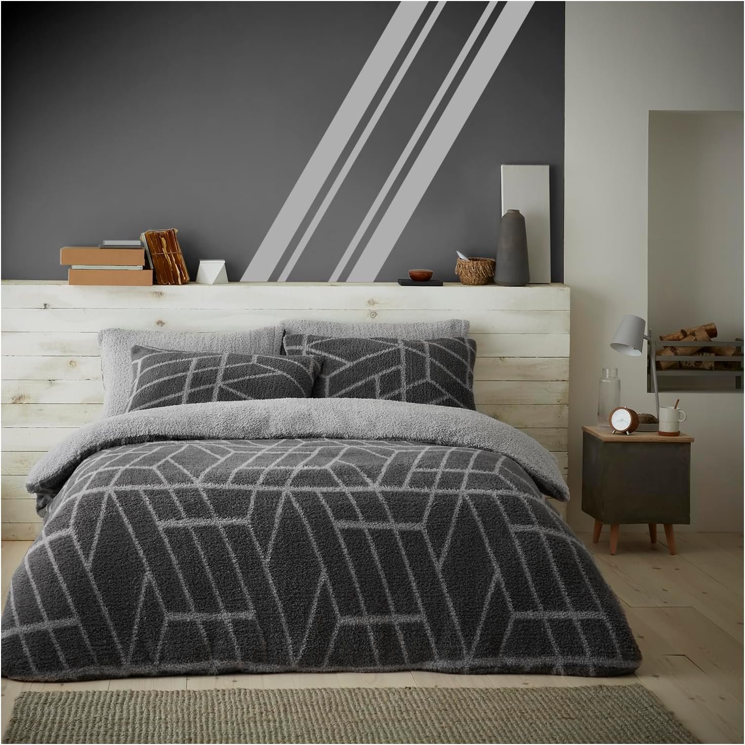 charcoal ely Fleece Printed Geometric Duvet Cover Set Charcoal