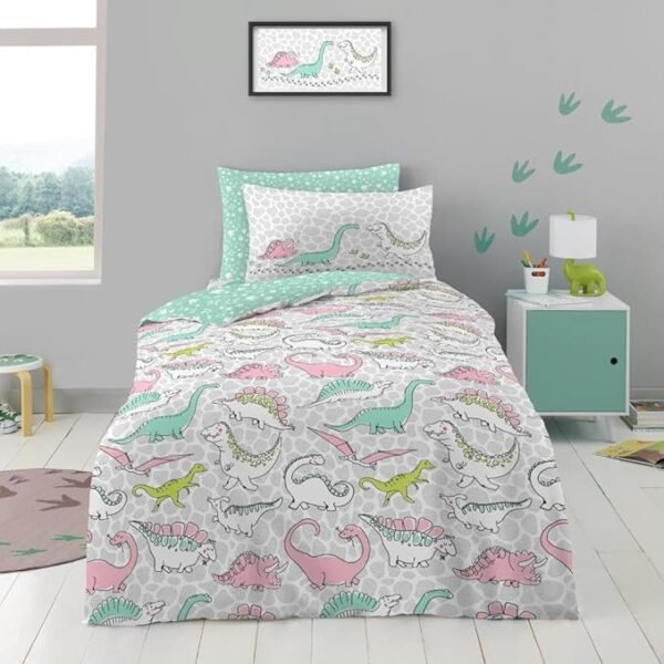 Kids Dinosaur Duvet Cover Set – Mint Green/Grey
