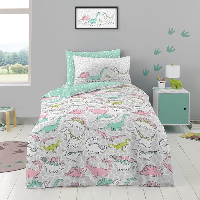 Kids Dinosaur Duvet Cover Set – Mint Green/Grey