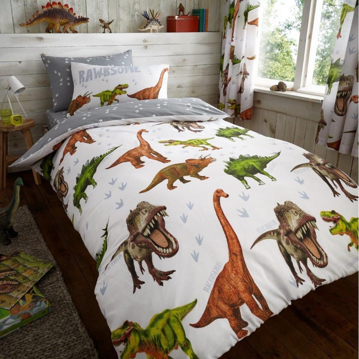 Soft Dino Adventure Duvet Cover Set - White/Grey