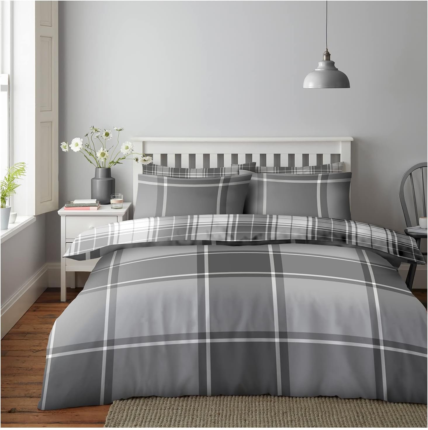 grey 896 Modern Textured Check Duvet Cover Set - Grey