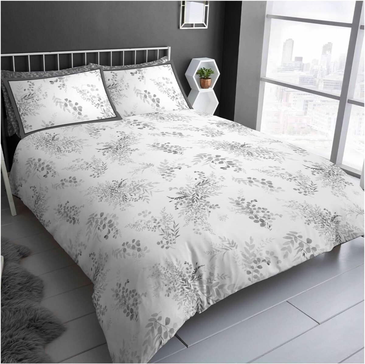 Reversible Leaf Duvet Cover Set - Grey