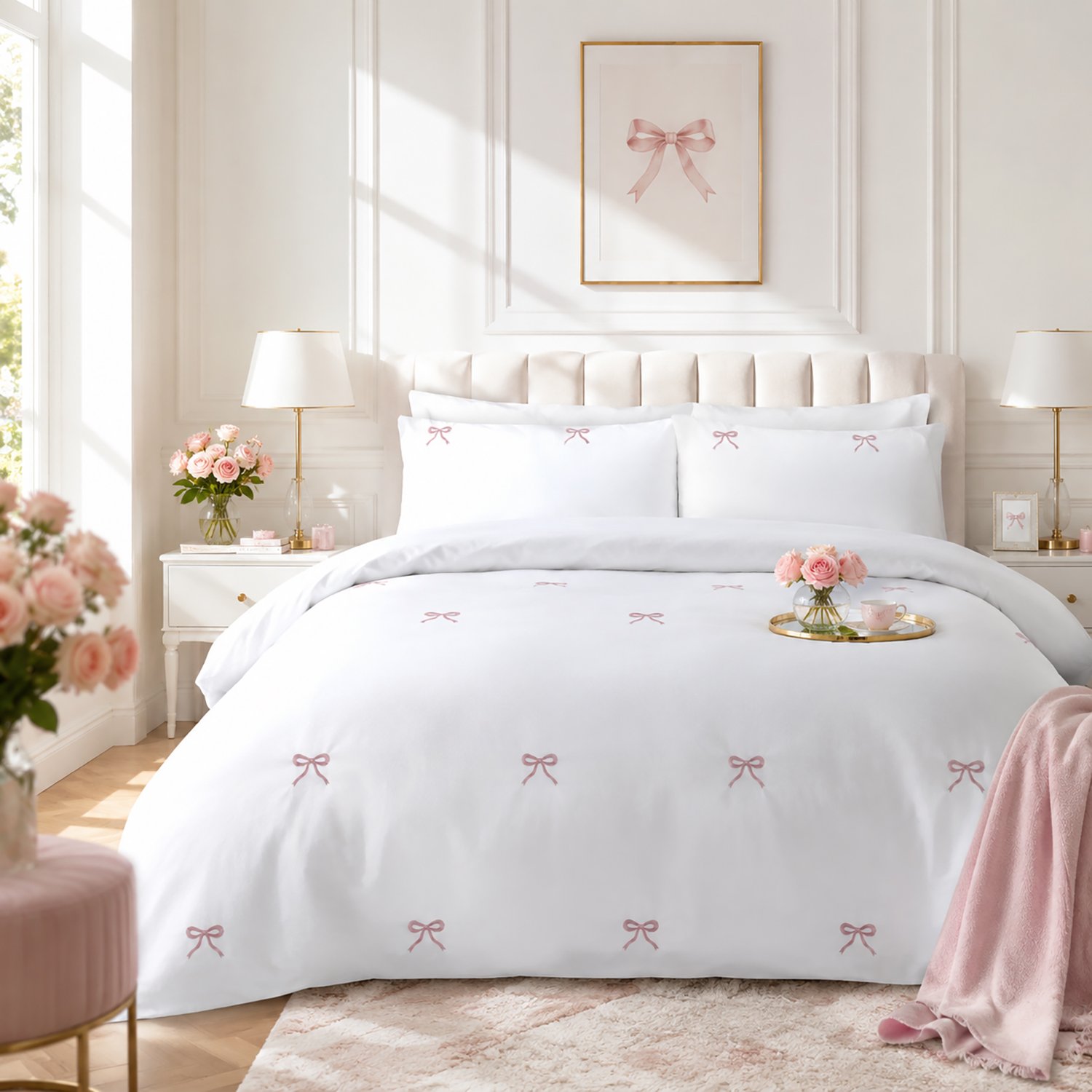 pink 1 Fancy Embroidered Duvet Cover Set Bows - Pink