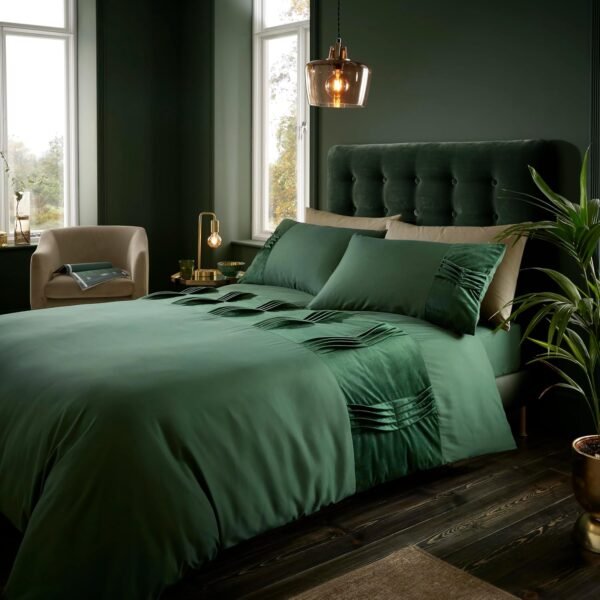 Fancy Velvet Band Duvet Cover Set - Dark Green