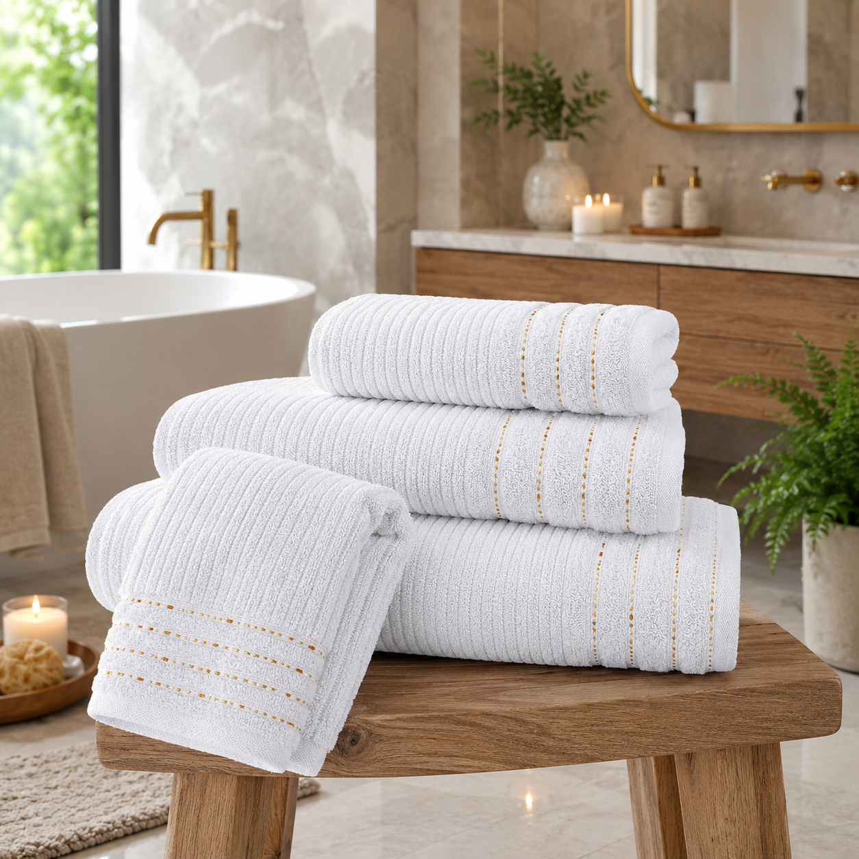 1 2 Pack Luxury Paris Ribbed Cotton Towel Set - White