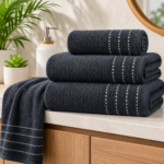 2 Pack Luxury Paris Ribbed Cotton Towel Set - Black
