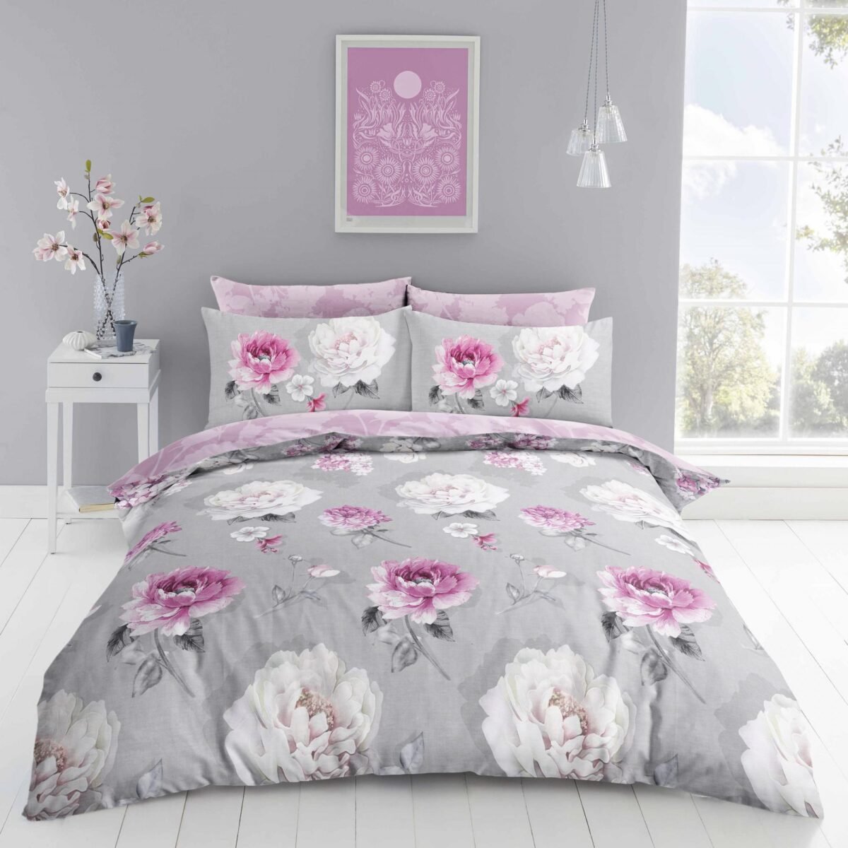 Premium Floral Complete Bedding Set Grey