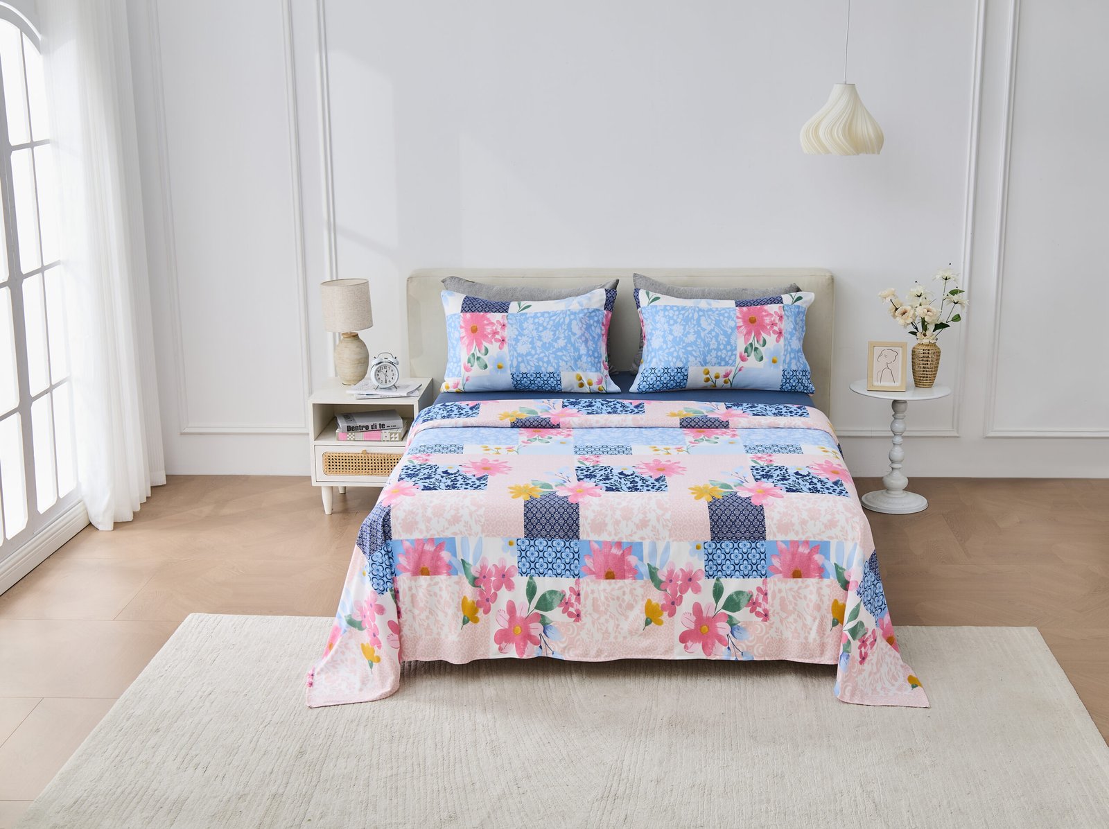 1207278 Soft Printed Fleece Bedding Sheet Set - Pink/Navy