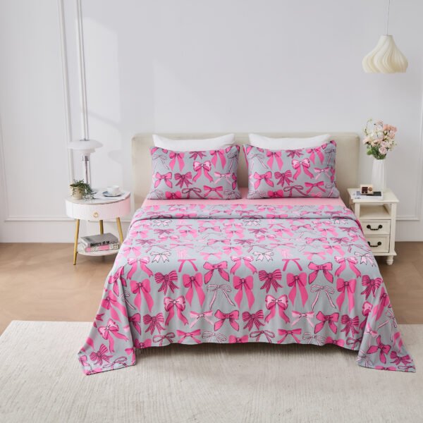 Soft Printed Fleece Bedding Sheet Set - Grey/Pink