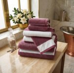 Soft Hotel Quality Striped Towel Set - Dark Pink