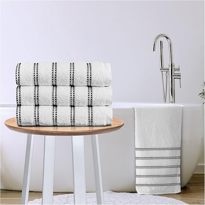 Striped Cotton Hand Towels 3 Pack Set - White
