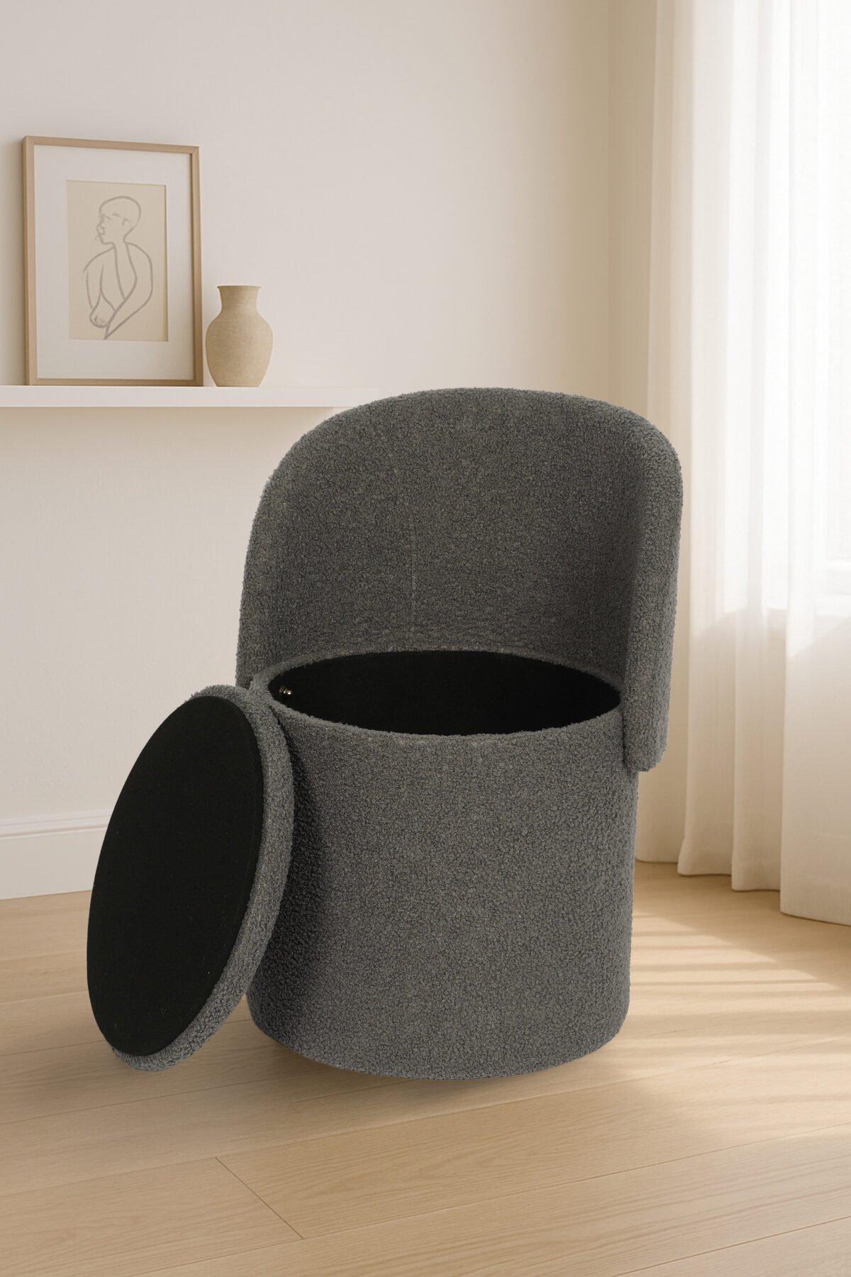 Modern Boucle Storage Stool - Charcoal