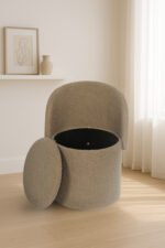 Modern Boucle Storage Stool - Dark Natural
