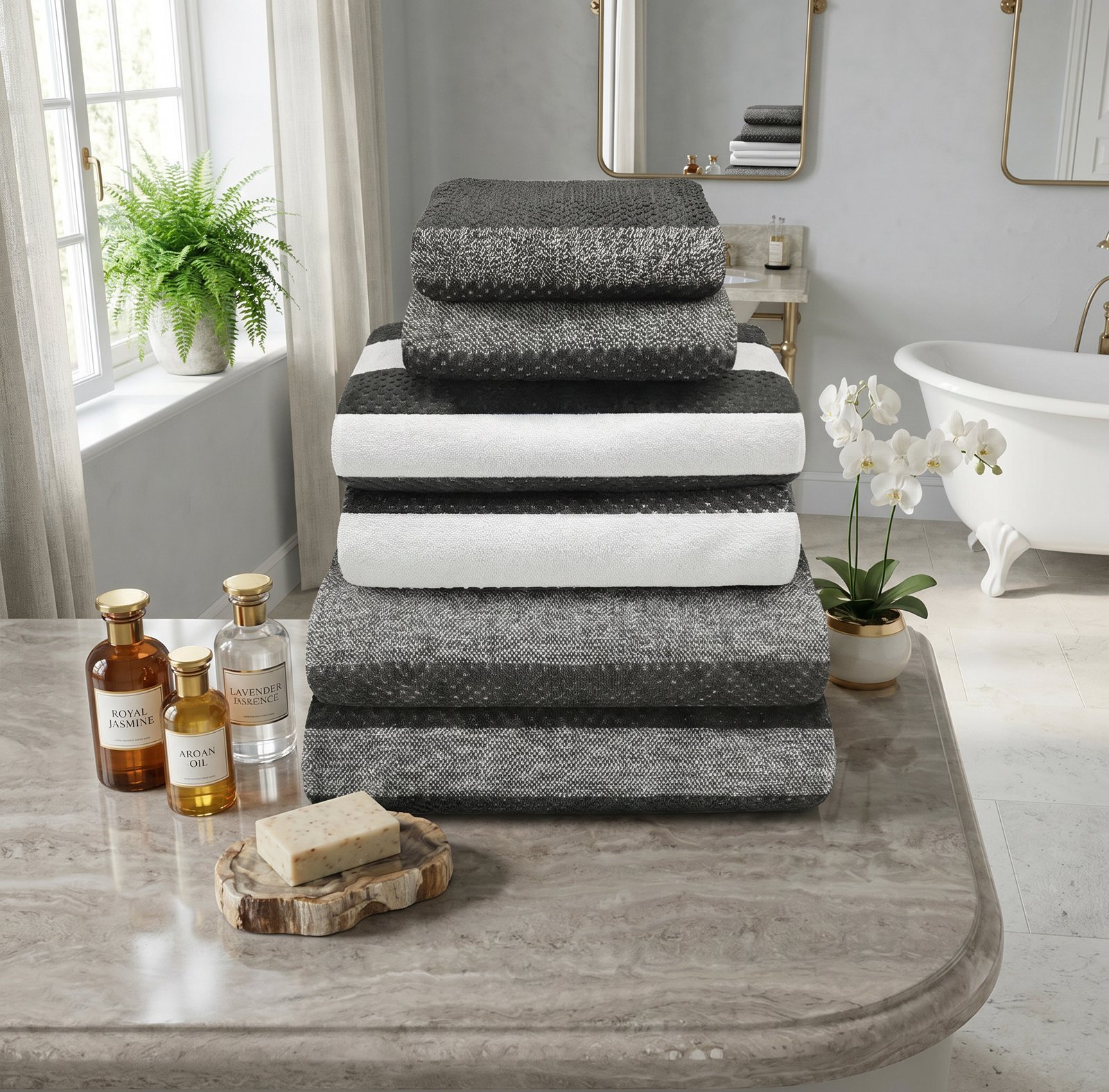 3 Soft Hotel Quality Striped Towel Set - Charcoal