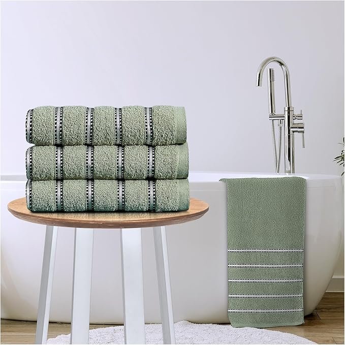 333 Soft Cotton Striped Bath Towels Set - Sage Green