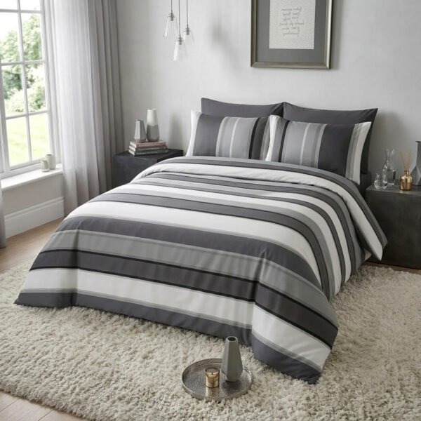 Striped Reversible Complete Bedding Set – Grey
