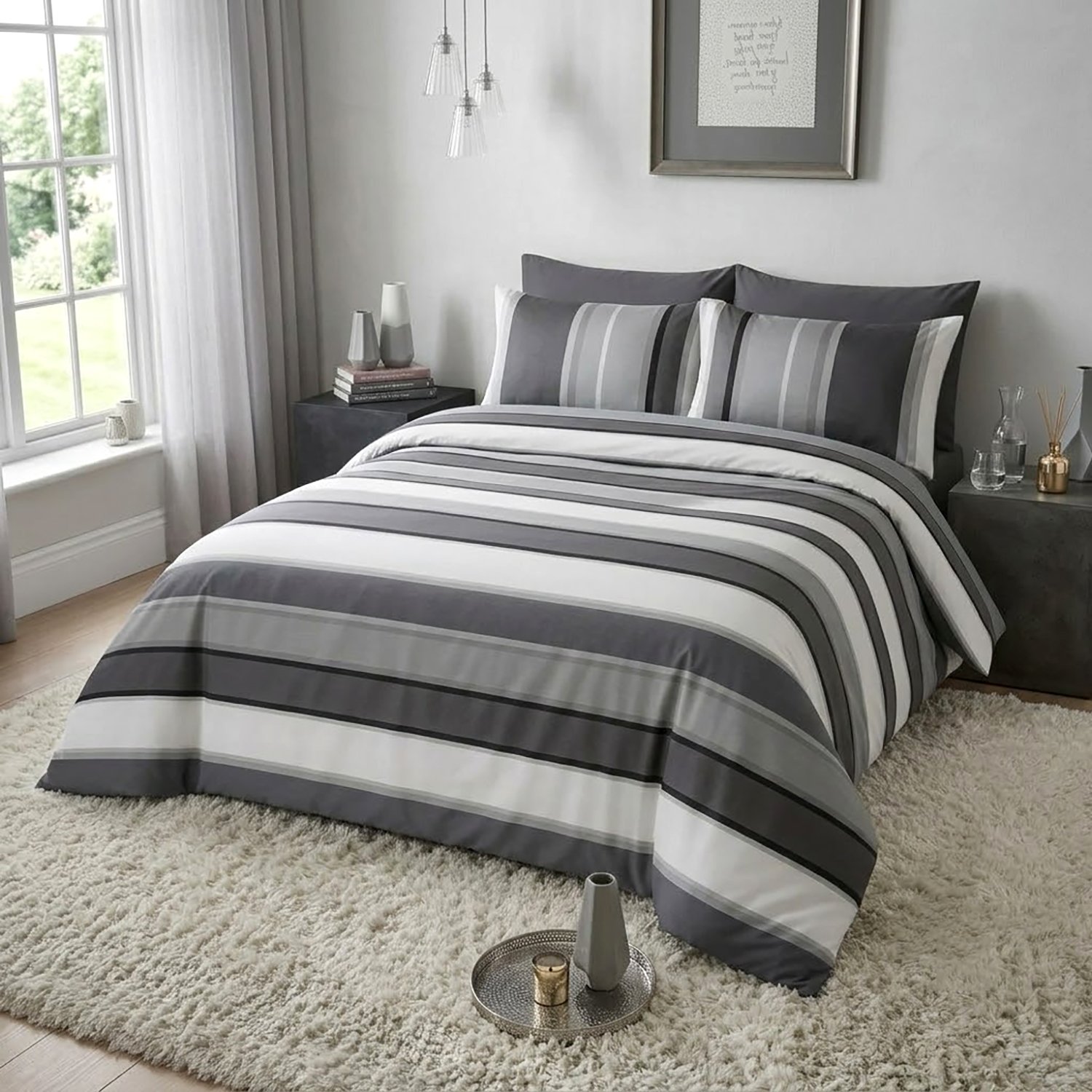4 Striped Reversible Complete Bedding Set – Grey