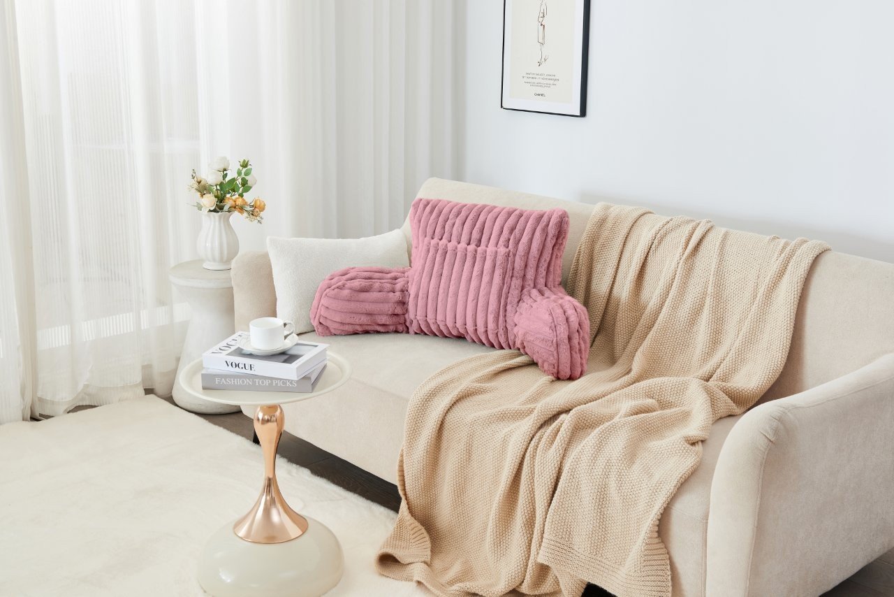 BLUSH PINK (9) Cosy Heated Ribbed Cuddle Cushion with Armrest Support - Blush Pink