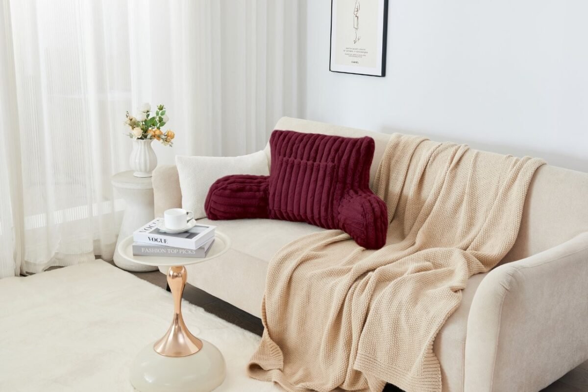 Cosy Heated Ribbed Cuddle Cushion with Armrest Support - Burgundy