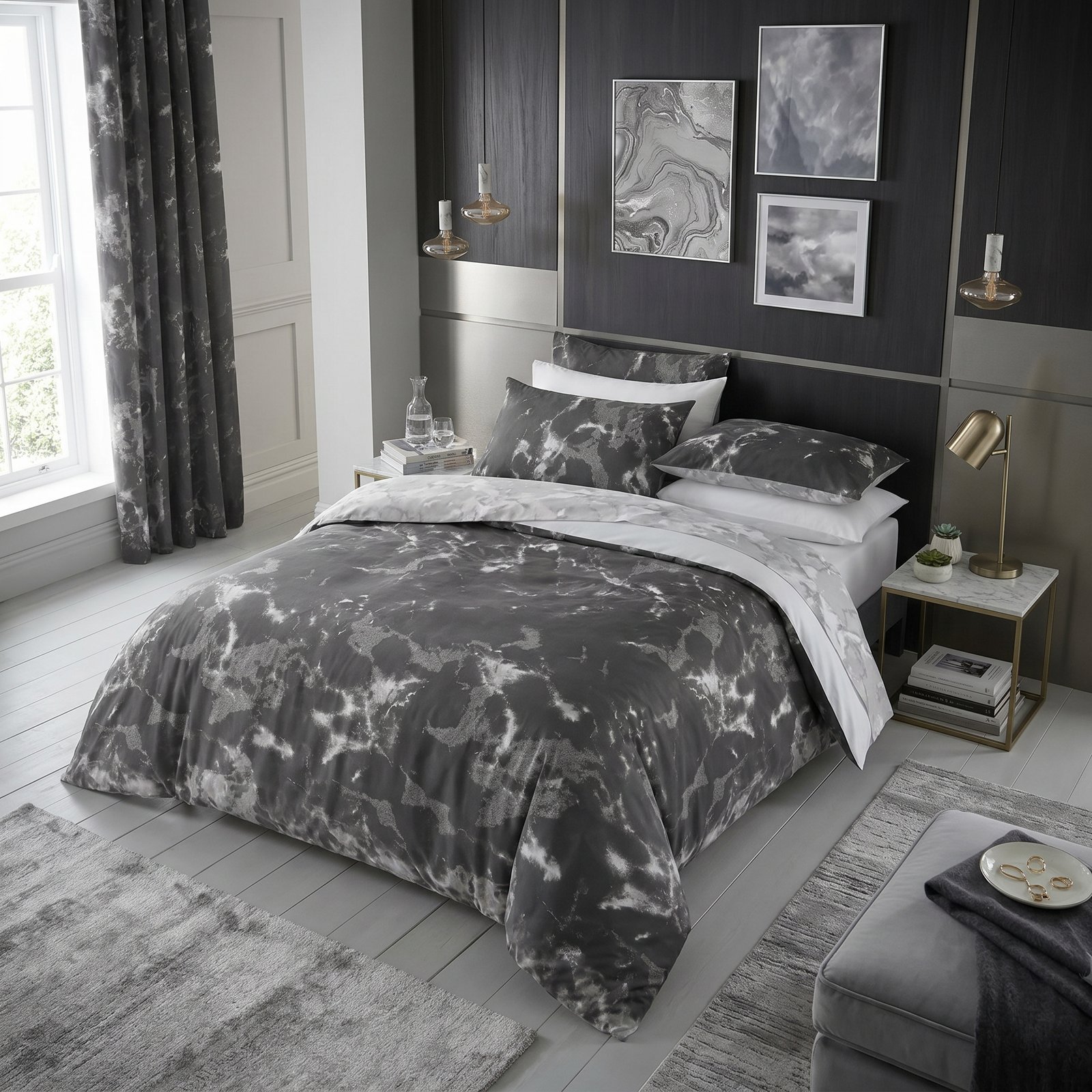 Black 3 Luxury Marble Print Duvet Cover Set - Black