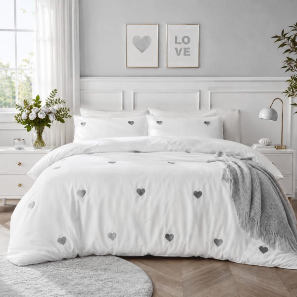 Fancy Embroidered Duvet Cover Set Hearts - Charcoal