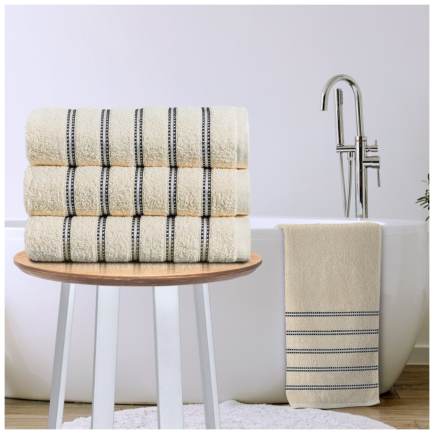 Bone Soft Cotton Striped Bath Towels Set - Bone