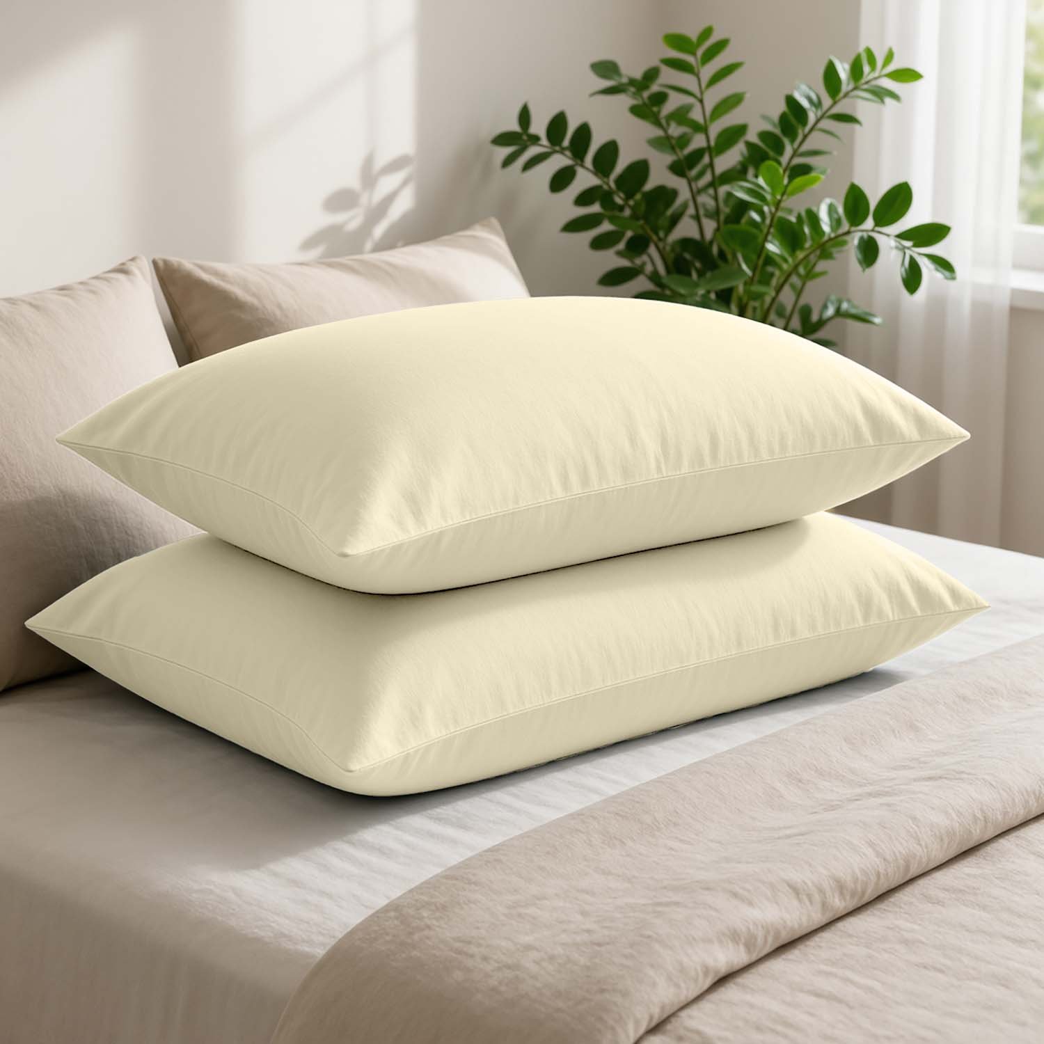Cream 2 Super Soft Cosy Plain Pillowcase Set - Cream
